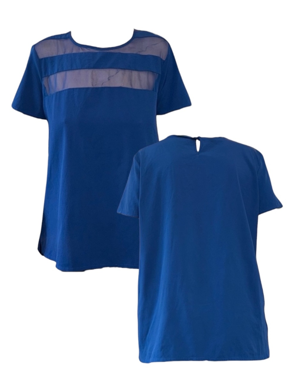 NWOT Blue Sheer Yoke Short Sleeve Top